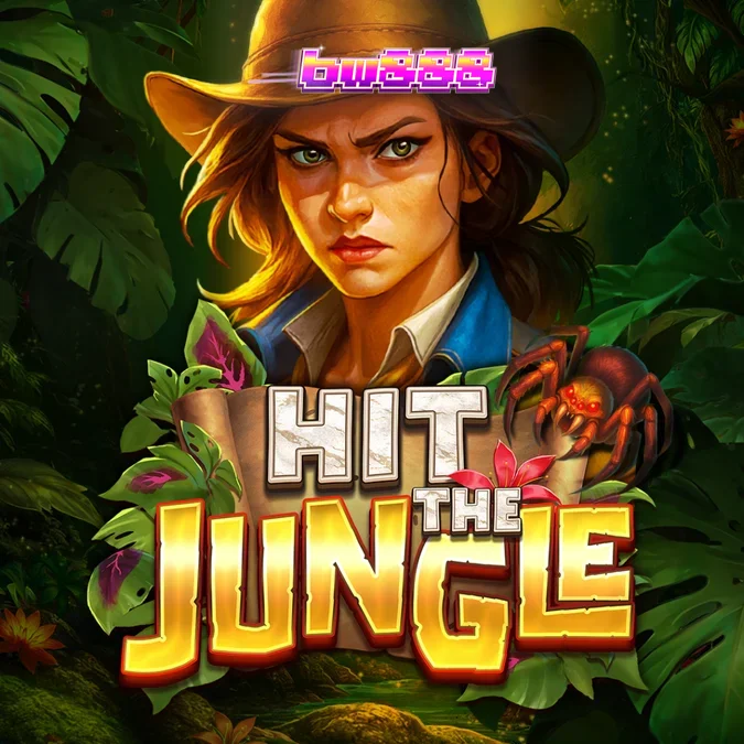 Ilustrasi hutan lebat dengan simbol-simbol slot yang berkilauan di Hit the Jungle.